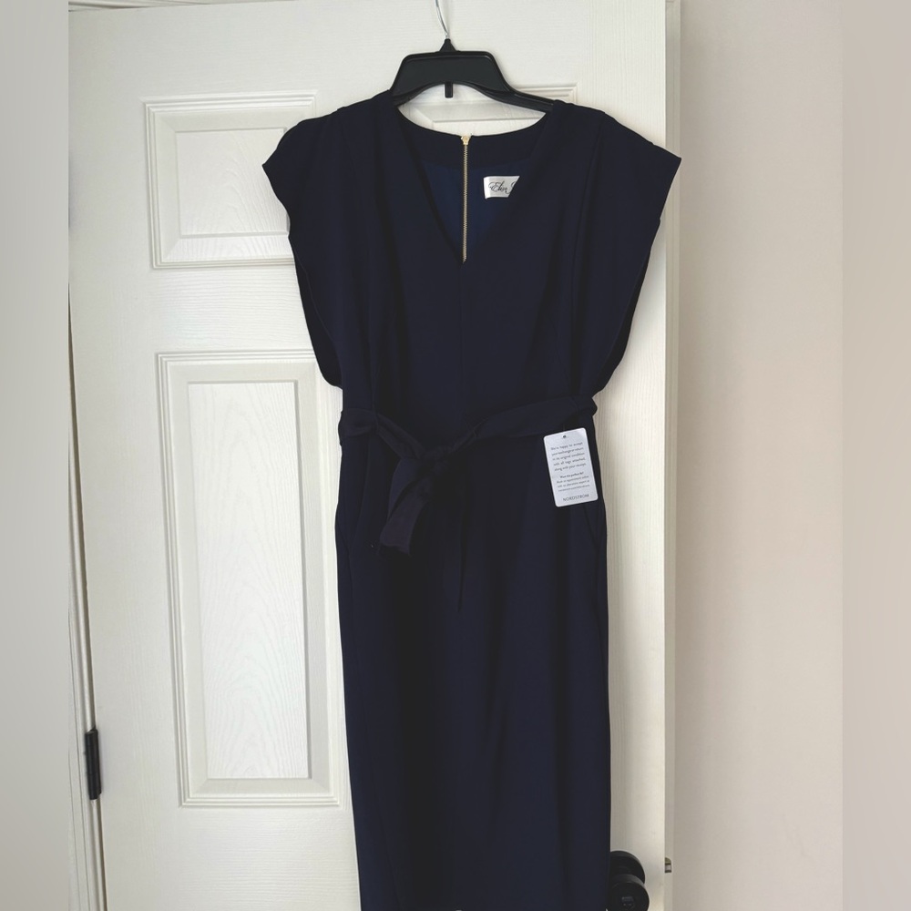 Eliza J Ruffle Sleeve Sheath Dress Navy size 8 V Neck Belted Sash NWT